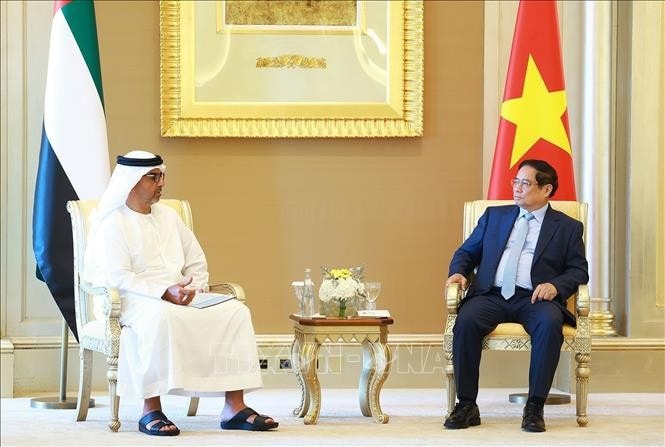 Thủ tướng Phạm Minh Chính tiếp Giám đốc Cơ quan Đầu tư Abu Dhabi (ADIA) Sheikh Hamed bin Zayed Al Nahyan. Ảnh: Dương Giang/TTXVN