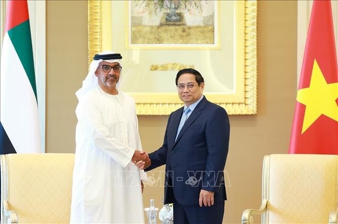 Thủ tướng Phạm Minh Chính tiếp Giám đốc Cơ quan Đầu tư Abu Dhabi (ADIA) Sheikh Hamed bin Zayed Al Nahyan. Ảnh: Dương Giang/TTXVN