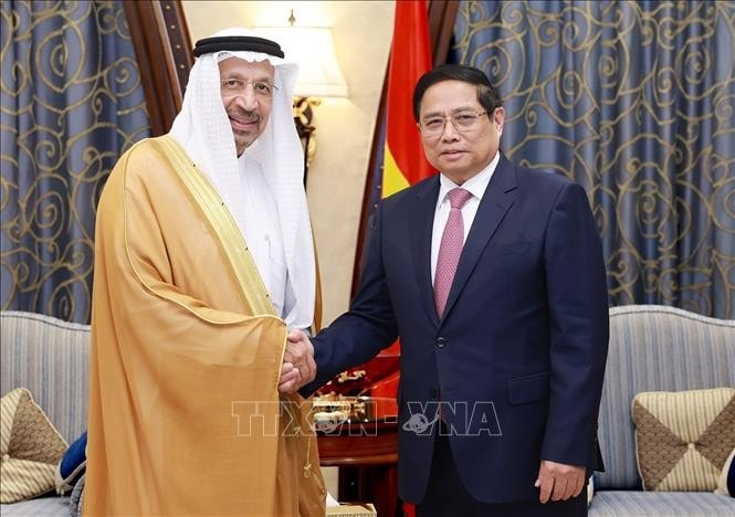 Thủ tướng Phạm Minh Chính tiếp Bộ trưởng Đầu tư Saudi Arabia Khalid Al-Falih. Ảnh: Dương Giang/TTXVN