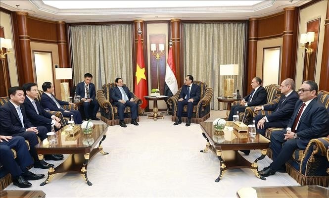 Thủ tướng Phạm Minh Chính hội kiến Thủ tướng Ai Cập Mostafa Madbouly. Ảnh: Dương Giang/TTXVN