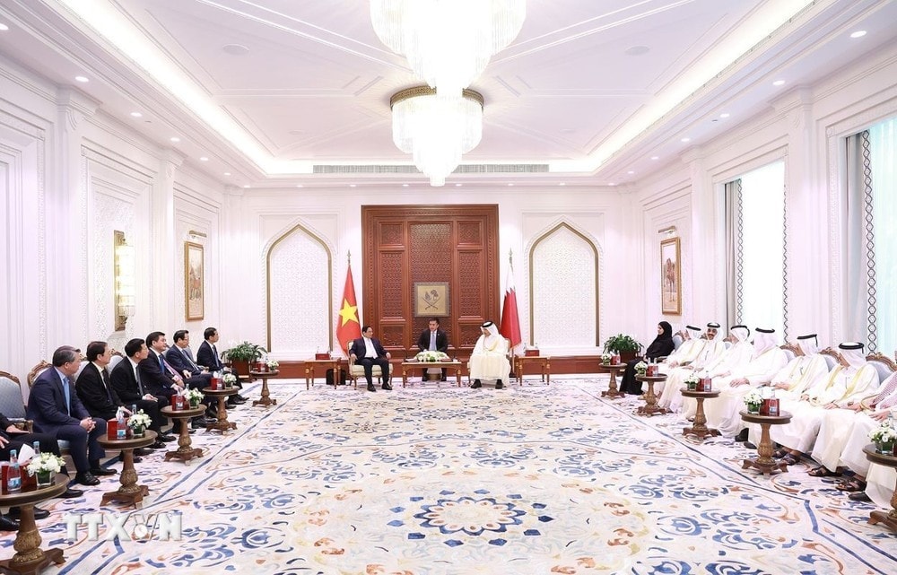 Thủ tướng Phạm Minh Chính hội kiến Chủ tịch Quốc hội Qatar Hassan bin Abdullah Al-Ghanim. Ảnh: Dương Giang/TTXVN