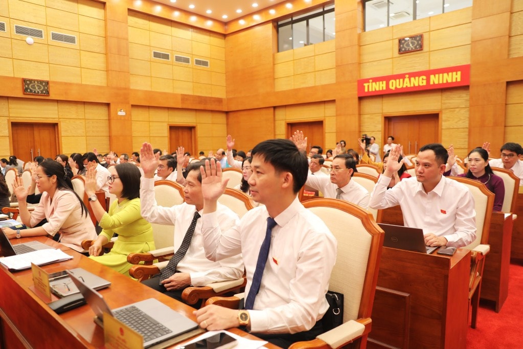 Đại biểu HĐND tỉnh biểu quyết thông qua các nghị quyết. Ảnh: Đỗ Phương