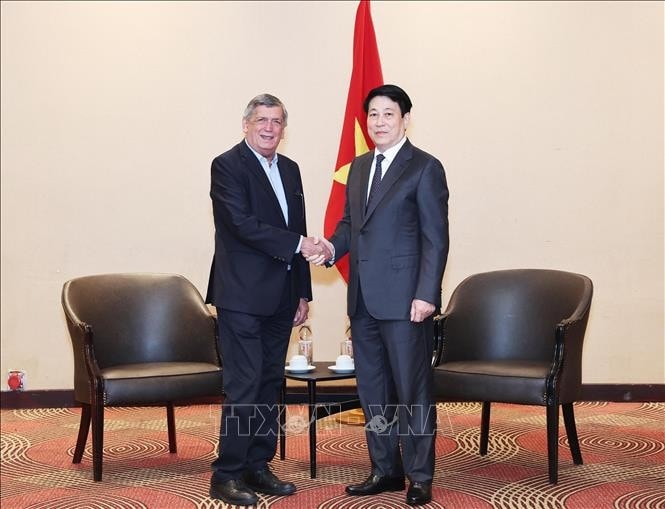 Chủ tịch nước Lương Cường tiếp Chủ tịch Đảng Cộng sản Chile Lautaro Carmona Soto. Ảnh: Lâm Khánh/TTXVN