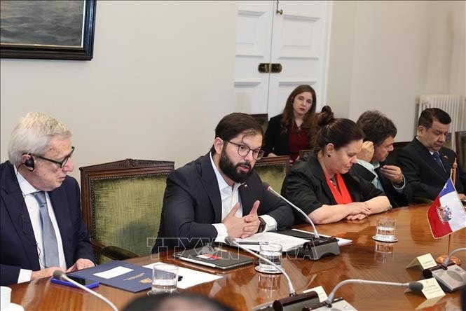 Tổng thống Chile Gabriel Boric Font phát biểu tại cuộc hội đàm với Chủ tịch nước Lương Cường. Ảnh: Lâm Khánh/TTXVN