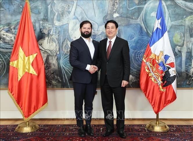 Chủ tịch nước Lương Cường và Tổng thống Chile Gabriel Boric Font chụp ảnh chung trước hội đàm. Ảnh: Lâm Khánh/TTXVN