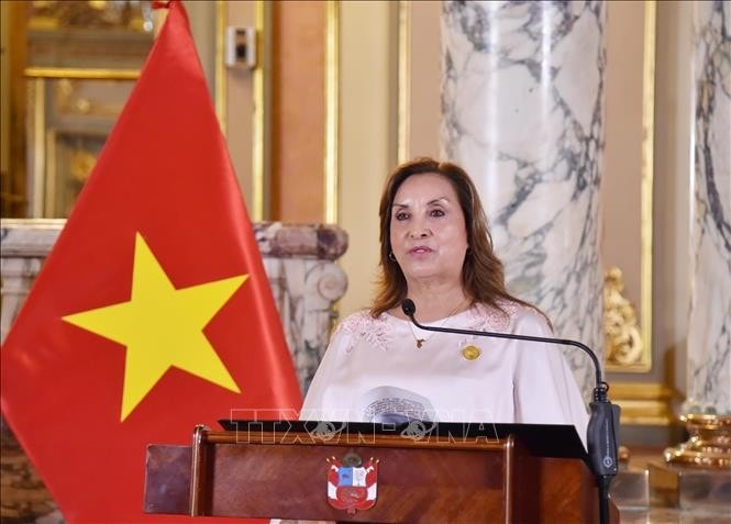 Tổng thống Peru Dina Ercilia Boluarte Zegarra phát biểu. Ảnh: Lâm Khánh/TTXVN