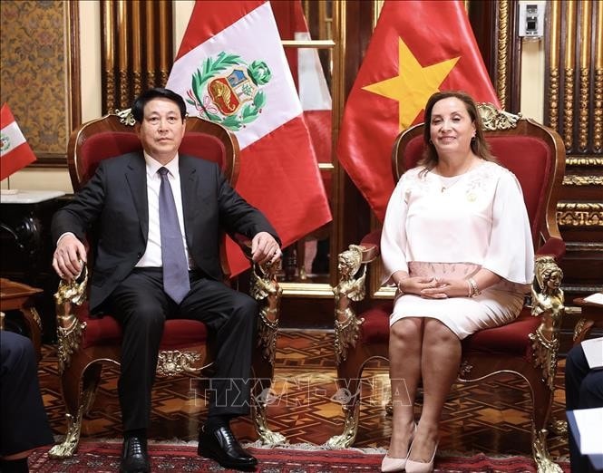 Tổng thống Peru Dina Ercilia Boluarte Zegarra và Chủ tịch nước Lương Cường hội đàm hẹp. Ảnh: Lâm Khánh/TTXVN