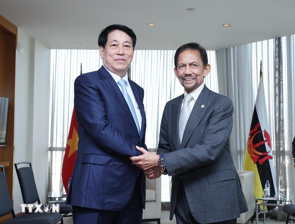 Chủ tịch nước Lương Cường gặp Quốc vương Brunei Hassanal Bolkiah. Ảnh: Lâm Khánh/TTXVN