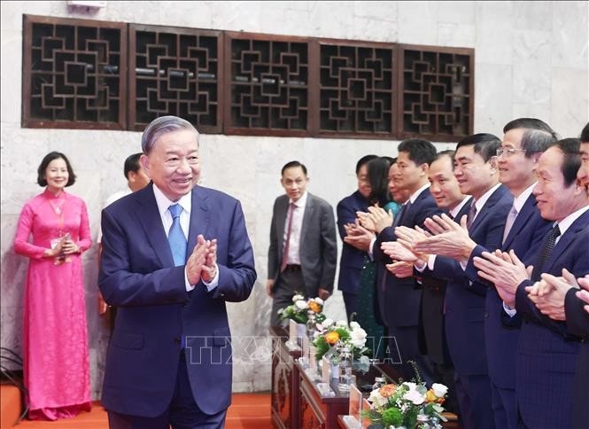 Tổng Bí thư Tô Lâm đến dự Chương trình” Hồ Chí Minh - Hành trình khát vọng 2024”. Ảnh: Thống Nhất/TTXVN
