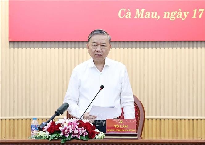 Tổng Bí thư Tô Lâm phát biểu chỉ đạo tại buổi làm việc với Ban Thường vụ Tỉnh ủy Cà Mau. Ảnh: Thống Nhất/TTXVN