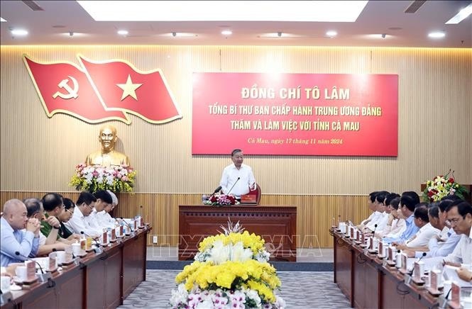 Tổng Bí thư Tô Lâm phát biểu chỉ đạo tại buổi làm việc với Ban Thường vụ Tỉnh ủy Cà Mau. Ảnh: Thống Nhất/TTXVN