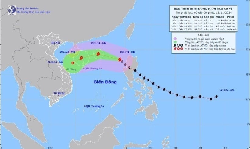 Hướng di chuyển của bão số 9 lúc 4h ngày 18.11