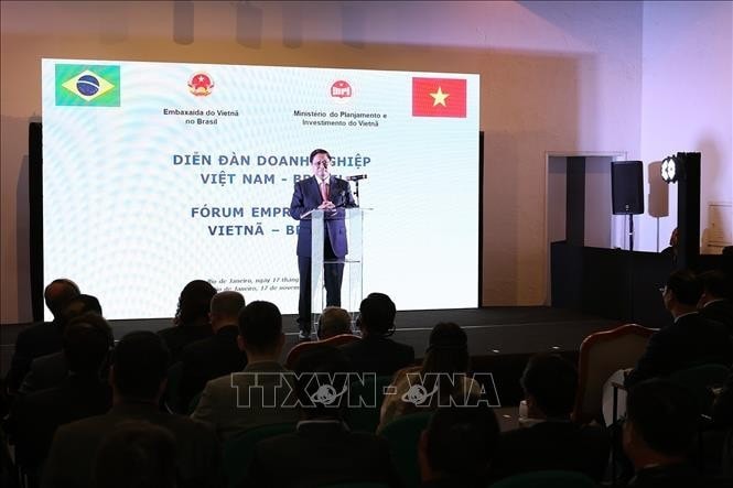 Thủ tướng Phạm Minh Chính phát biểu tại Diễn đàn Doanh nghiệp Việt Nam - Brazil. Ảnh: Dương Giang/TTXVN