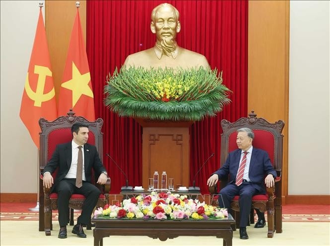 Tổng Bí thư Tô Lâm tiếp Chủ tịch Quốc hội Armenia Alen Simonyan. Ảnh: Thống Nhất/TTXVN