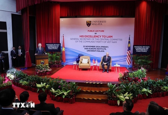 Tổng Bí thư Tô Lâm phát biểu tại Đại học Quốc gia Malaya. Ảnh: Thống Nhất/TTXVN