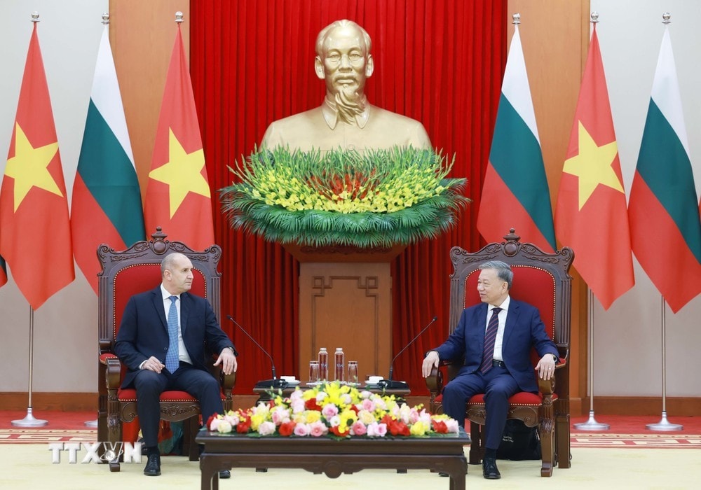 Tổng Bí thư Tô Lâm tiếp Tổng thống Bulgaria Rumen Radev. Ảnh: Thống Nhất/TTXVN