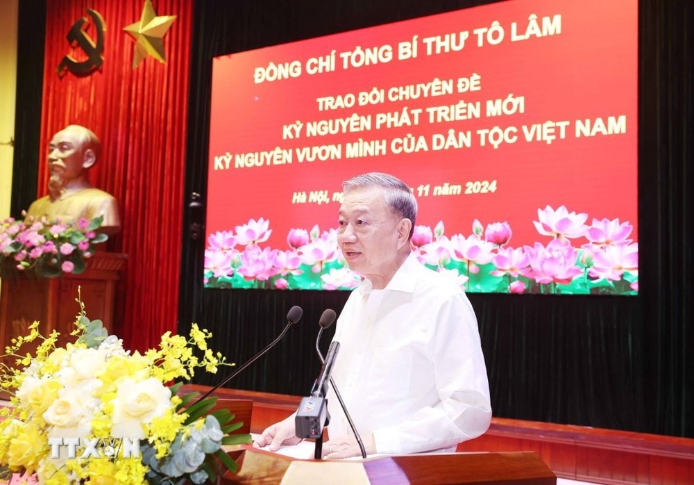 Tổng Bí thư Tô Lâm trao đổi chuyên đề “Kỷ nguyên phát triển mới - Kỷ nguyên vươn mình của dân tộc Việt Nam.” Ảnh: Thống Nhất/TTXVN