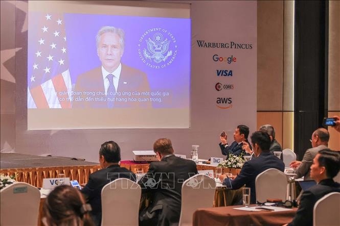 Ngoại trưởng Hoa Kỳ Antony Blinken phát biểu trực tuyến. Ảnh: Hoàng Hiếu/TTXVN