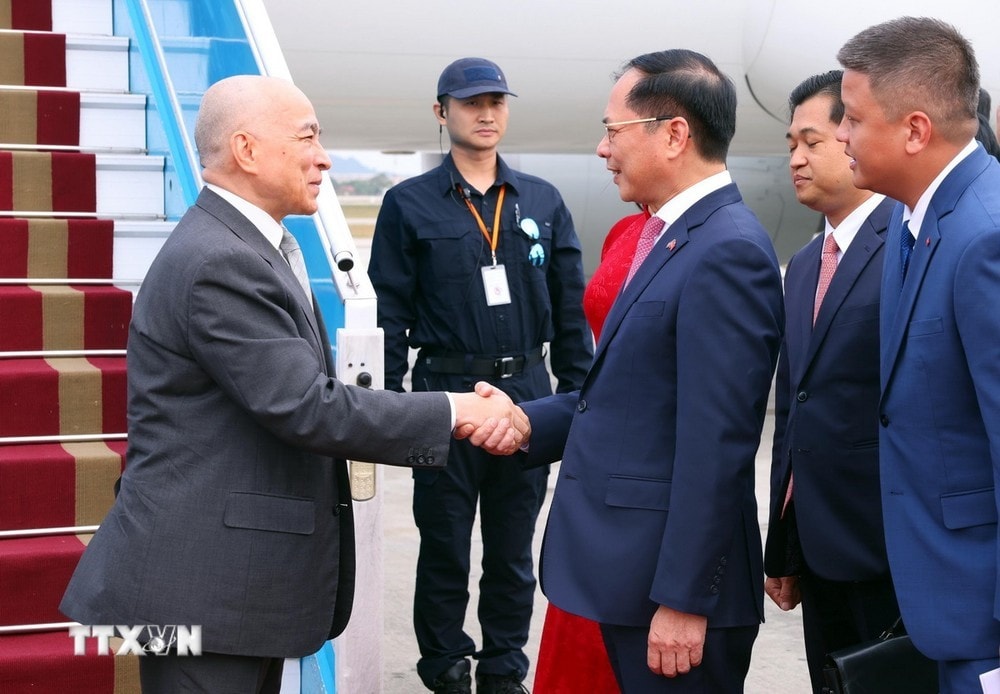 Phó Thủ tướng, Bộ trưởng Ngoại giao Bùi Thanh Sơn đón Quốc vương Campuchia Norodom Sihamoni tại Sân bay quốc tế Nội Bài, Hà Nội. Ảnh: Phạm Kiên/TTXVN