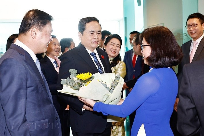 National Assembly Chairman Tran Thanh Man is greeted at Changi Airport. (Photo: Doan Tan) ctqh-den-sing.jpg