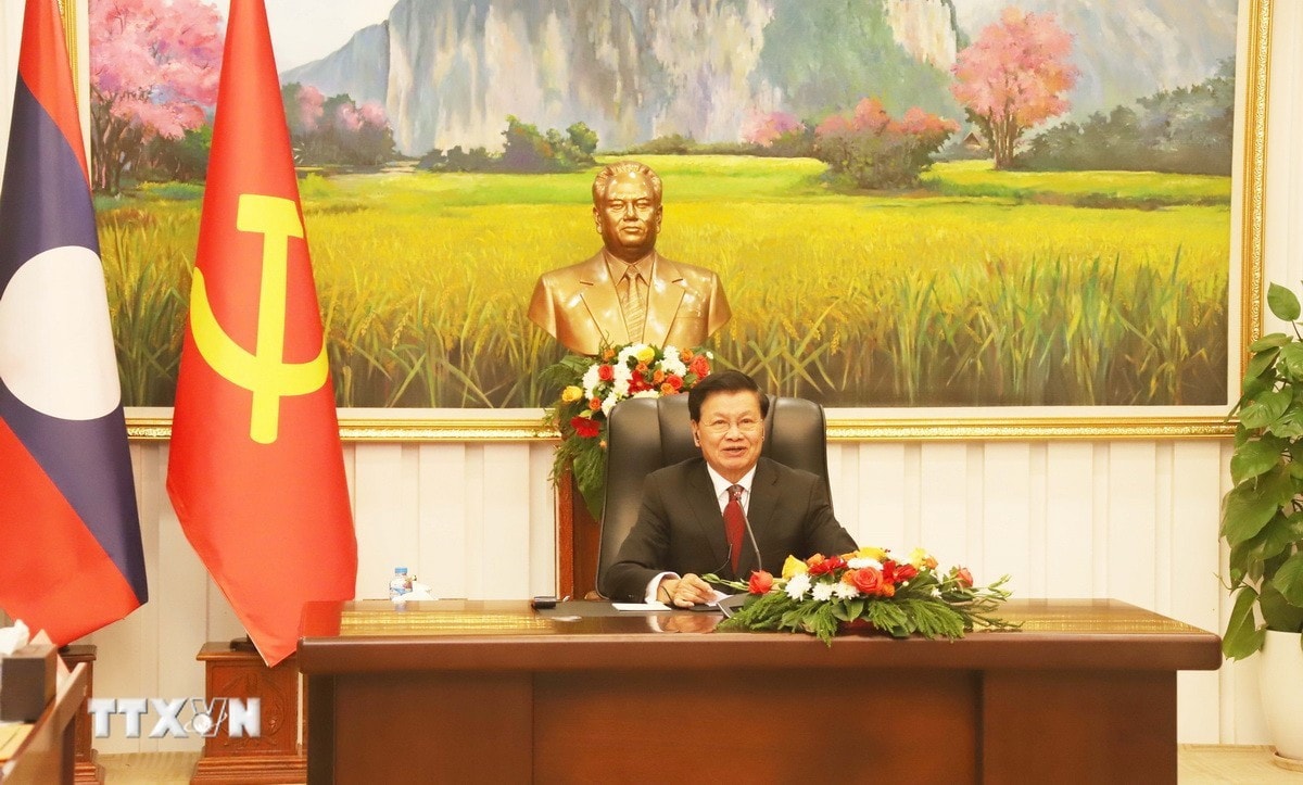 Tổng Bí thư, Chủ tịch nước Lào Thongloun Sisoulith phát biểu tại cuộc điện đàm. Ảnh: Xuân Tú/PV TTXVN tại Lào