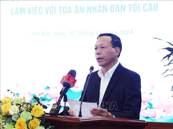Phó Chánh án Thường trực Toà án Nhân dân tối cao Nguyễn Trí Tuệ trình bày báo cáo. Ảnh: Lâm Khánh/TTXVN