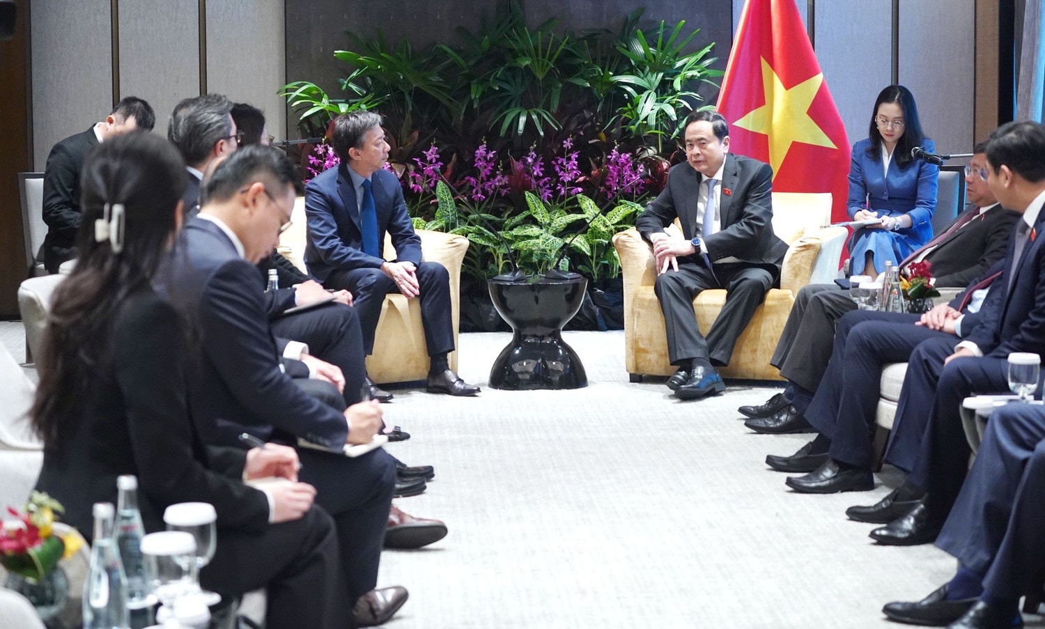 Quang cảnh Chủ tịch Quốc hội Trần Thanh Mẫn tiếp Phó Tổng Giám đốc Tập đoàn Temasek Holdings Chia Song Hwee. Ảnh: Doãn Tấn -TTXVN