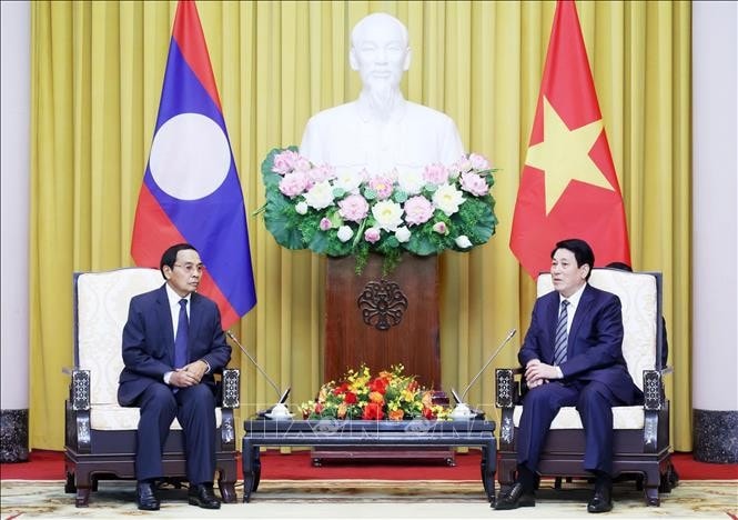 Chủ tịch nước Lương Cường tiếp đồng chí Bounthong Chitmany, Ủy viên Bộ Chính trị, Thường trực Ban Bí thư Đảng Nhân dân Cách mạng Lào, Phó Chủ tịch nước CHDCND Lào. Ảnh: Lâm Khánh/TTXVN