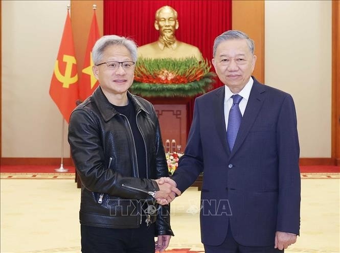 Tổng Bí thư Tô Lâm tiếp Chủ tịch Tập đoàn NVIDIA Jensen Huang. Ảnh: Thống Nhất/TTXVN