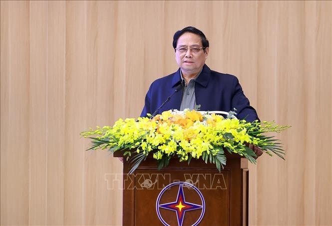 Thủ tướng Phạm Minh Chính phát biểu tại Hội nghị tổng kết dự án đường dây 500kV mạch 3 Quảng Trạch - Phố Nối. Ảnh: Dương Giang - TTXVN