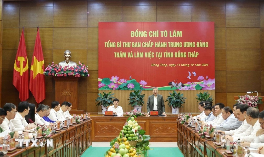 Tổng Bí thư Tô Lâm chủ trì cuộc làm việc với Ban chấp hành Đảng bộ tỉnh Đồng Tháp. Ảnh: Thống Nhất - TTXVN