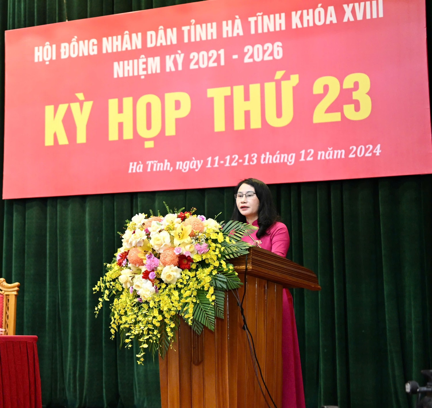 Trưởng Ban Pháp chế HĐND tỉnh Nguyễn Thị Nhuần báo cáo.