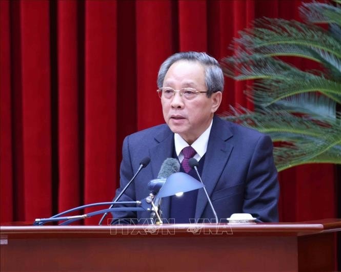 Ủy viên Trung ương Đảng, Phó Trưởng Ban Thường trực Ban Tổ chức Trung ương Hoàng Đăng Quang trình bày báo cáo tại hội nghị. Ảnh: Phương Hoa/TTXVN
