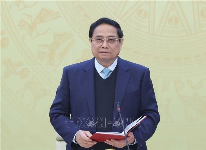 Ủy viên Bộ Chính trị, Ủy viên Thường vụ Đảng ủy Công an Trung ương, Thủ tướng Chính phủ Phạm Minh Chính phát biểu. Ảnh: Thống Nhất/TTXVN