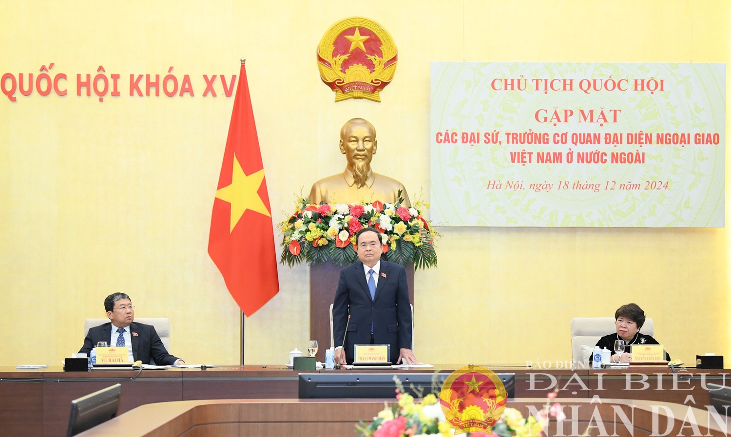 Chủ tịch Quốc hội Trần Thanh Mẫn phát biểu tại cuộc gặp mặt. Ảnh: Lâm Hiển