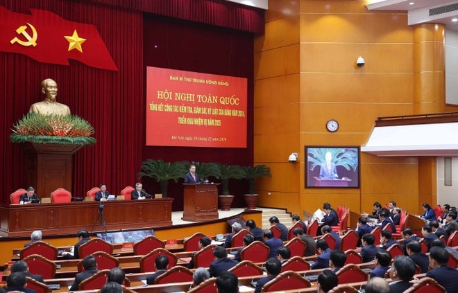 Tổng Bí thư Tô Lâm phát biểu chỉ đạo tại hội nghị kiểm tra, giám sát kỷ luật của Đảng. Ảnh: Thống Nhất/TTXVN