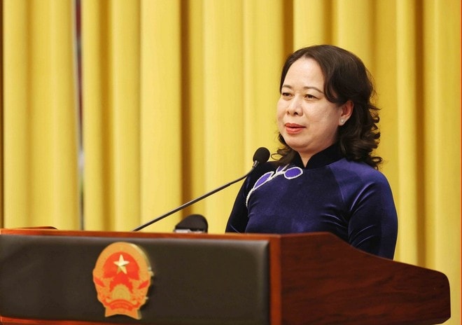 Phó Chủ tịch nước Võ Thị Ánh Xuân, Chủ tịch Hội đồng Bảo trợ Quỹ Bảo trợ trẻ em Việt Nam phát biểu. Ảnh: An Đăng/TTXVN