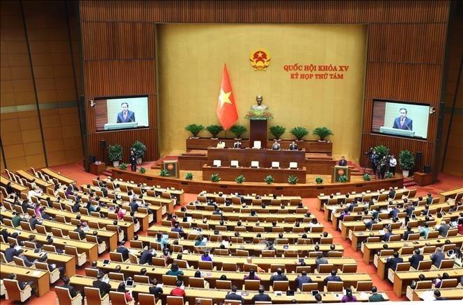 Chủ tịch Quốc hội Trần Thanh Mẫn phát biểu bế mạc Kỳ họp thứ Tám, Quốc hội Khóa XV. Ảnh: Văn Điệp/TTXVN