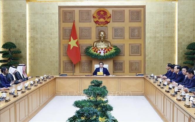 Thủ tướng Phạm Minh Chính tiếp Đại sứ UAE, Qatar và Saudi Arabia tại Việt Nam. Ảnh: Dương Giang/TTXVN