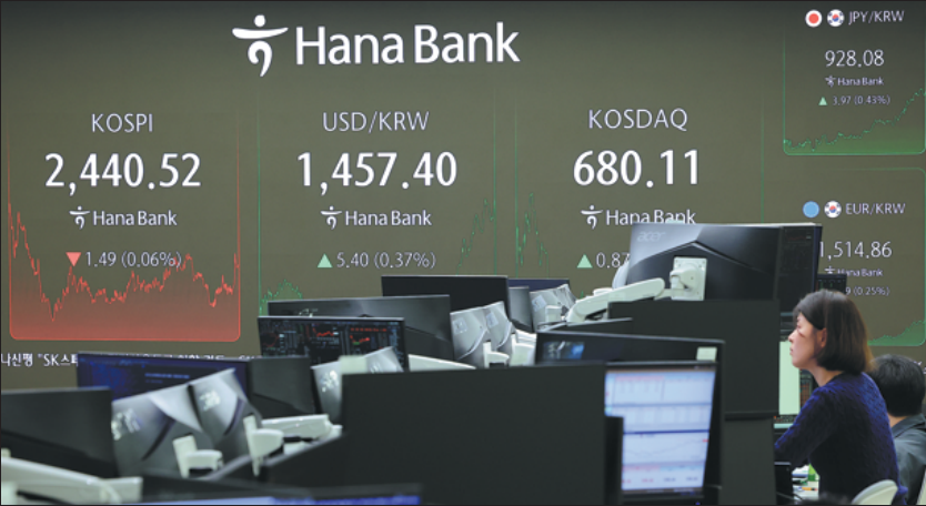 Các nhà giao dịch theo dõi cổ phiếu tại Ngân hàng Hana ở Seoul vào ngày 24.12.2024. Chỉ số KOSPI đóng cửa ở mức 2.440,52, giảm 0,06 phần trăm so với ngày giao dịch trước đó.
