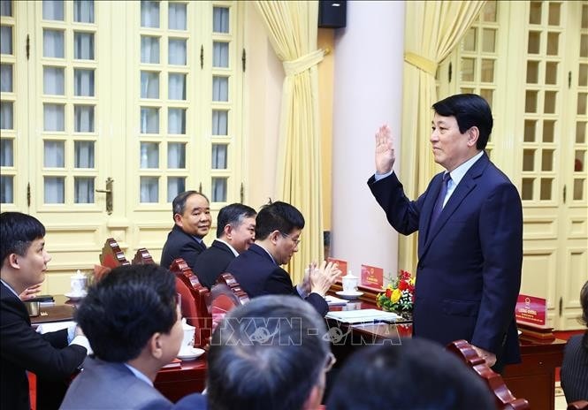 Chủ tịch nước Lương Cường dự Hội nghị tổng kết công tác năm 2024, triển khai nhiệm vụ năm 2025 của Văn phòng Chủ tịch nước. Ảnh: Lâm Khánh/TTXVN