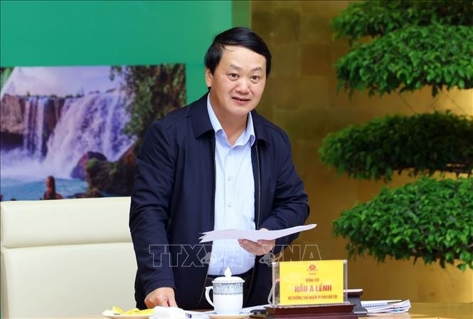 Bộ trưởng, Chủ nhiệm Uỷ ban Dân tộc Hầu A Lềnh phát biểu. Ảnh: Phạm Kiên/TTXVN