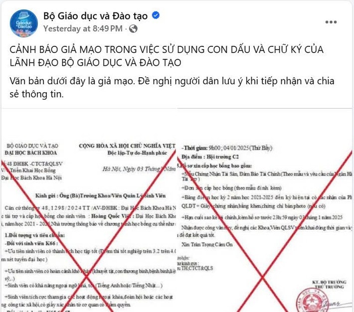 Trang Fanpage chính thức của Bộ Giáo dục và Đào tạo phát thông tin cảnh báo