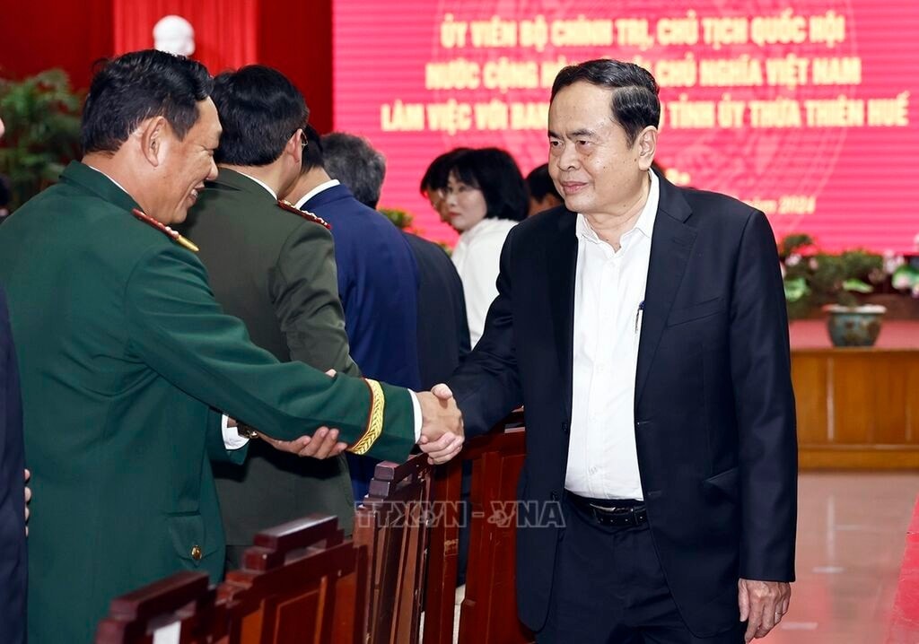Chủ tịch Quốc hội Trần Thanh Mẫn giao lưu với đại biểu tại buổi làm việc với Ban Thường vụ Tỉnh ủy Thừa Thiên - Huế, ngày 29.12.2024. Ảnh: Doãn Tấn/TTXVN