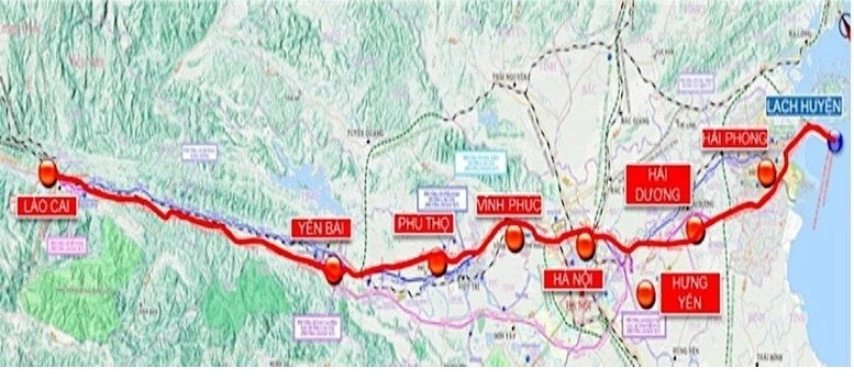 A map showing the Lao Cai - Hanoi - Hai Phong railway, which will be 388.35km long in total and run through nine localities. (Photo: baodautu.vn) 672ec1f8a310f1268d848738.jpg