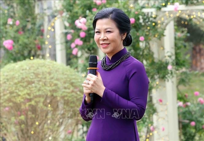 Bà Ngô Phương Ly, Phu nhân Tổng Bí thư Tô Lâm phát biểu chúc mừng Nhóm Phụ nữ Cộng đồng ASEAN tại Hà Nội nhân dịp năm mới. Ảnh: Phạm Kiên/TTXVN