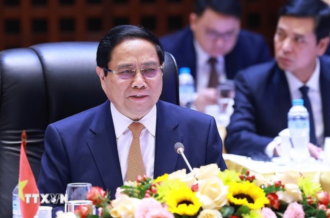 Thủ tướng Phạm Minh Chính phát biểu tại Kỳ họp lần thứ 47 Ủy ban liên Chính phủ Việt Nam - Lào. Ảnh: Dương Giang/TTXVN