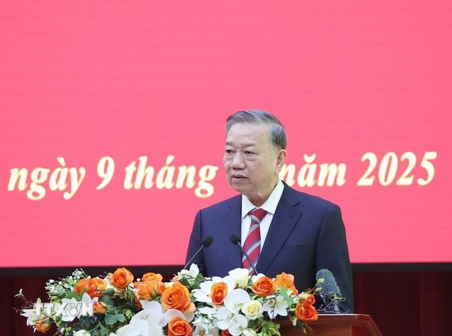 Tổng Bí thư Tô Lâm phát biểu tại cuộc gặp mặt. Ảnh: Thống Nhất/TTXVN
