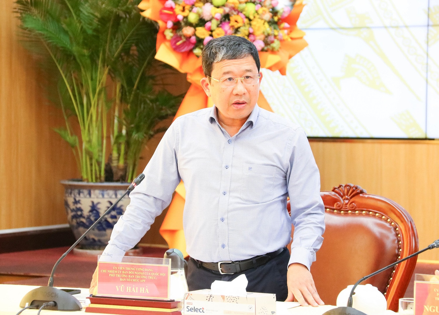 Chủ nhiệm Ủy ban Đối ngoại Vũ Hải Hà - Phó Trưởng Ban Thường trực Ban Tổ chức APF phát biểu tại cuộc làm việc. Ảnh: Nguyễn Hành