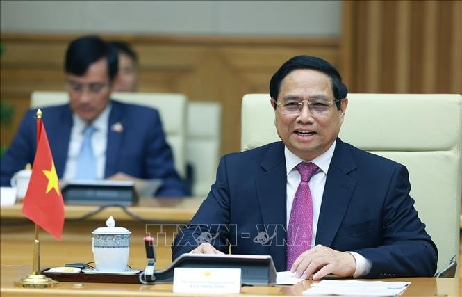 Thủ tướng Phạm Minh Chính phát biểu tại buổi hội đàm với Thủ tướng Liên bang Nga Mikhail Vladimirovich Mishustin. Ảnh: Dương Giang/TTXVN